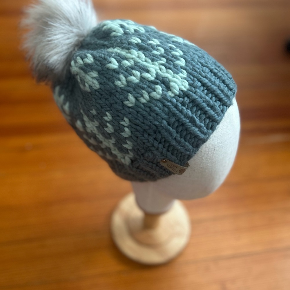 Handknit Merino Wool Beanie: Green Alpine Tree Pattern, Faux Fur Pom